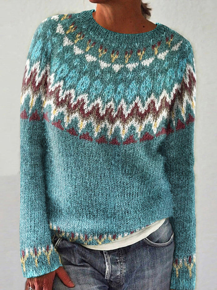 Dam Stickad Tröja med Fair Isle-mönster och Rundad Hals
