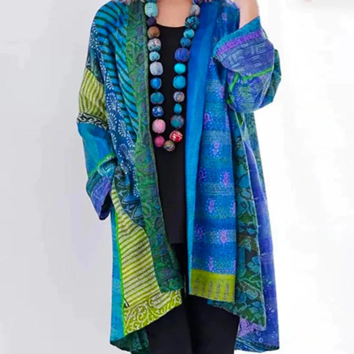 Dam Lång Kimono med Öppen Front och Patchworkmönster
