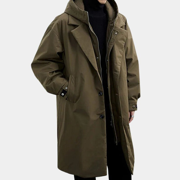 Herrtrenchcoat med Huva och Tvåradig Knäppning