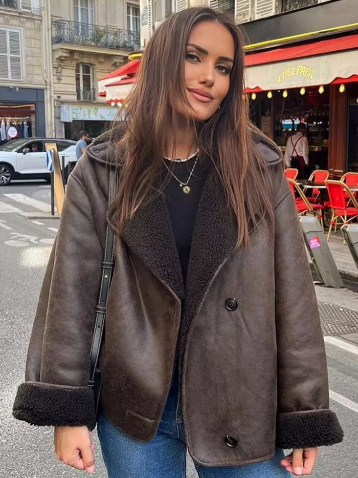 Dam Oversized Pilotjacka med Sherpa Krage och Foder