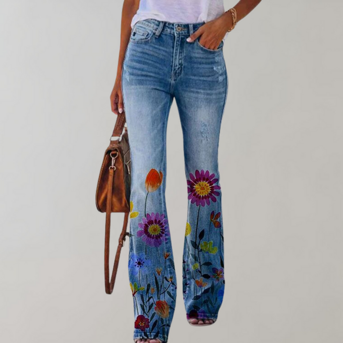 Dam Flare Jeans med Blommönster och Hög Midja