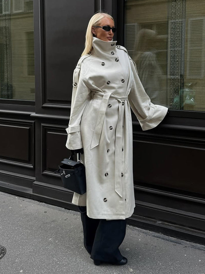 Dam Dubbelknäppt Trenchcoat med Ståkrage och Skärp
