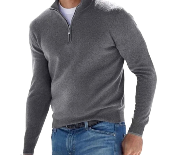 Herr Stickad Halfzip-tröja med Krage och Långa Ärmar