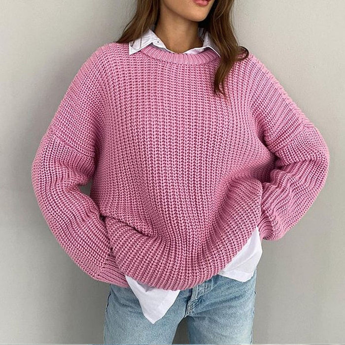 Dam Stickad Tröja med Oversized Passform och Rund Halsringning