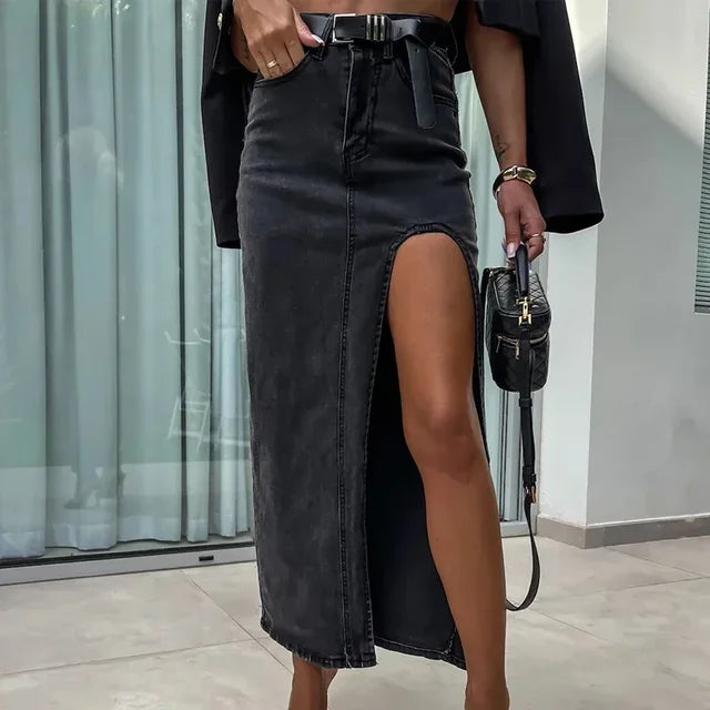 Dam Denimkjol med Hög Midja och Slits