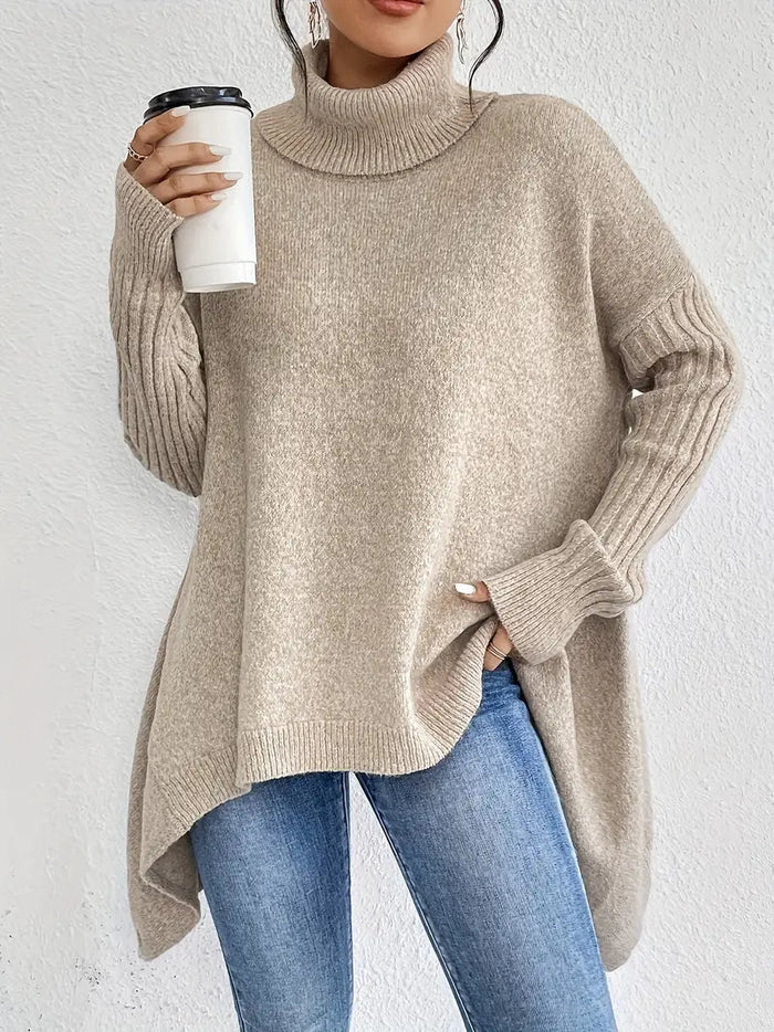 Dam Lång Ribbad Poloneck Tröja med Sideseam Slits