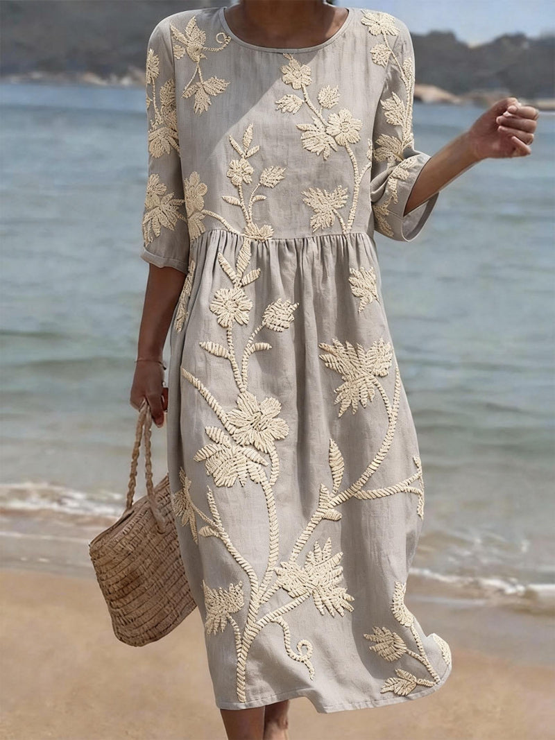 Dam Blommig Midi-Klänning - Elegant Rundnäck