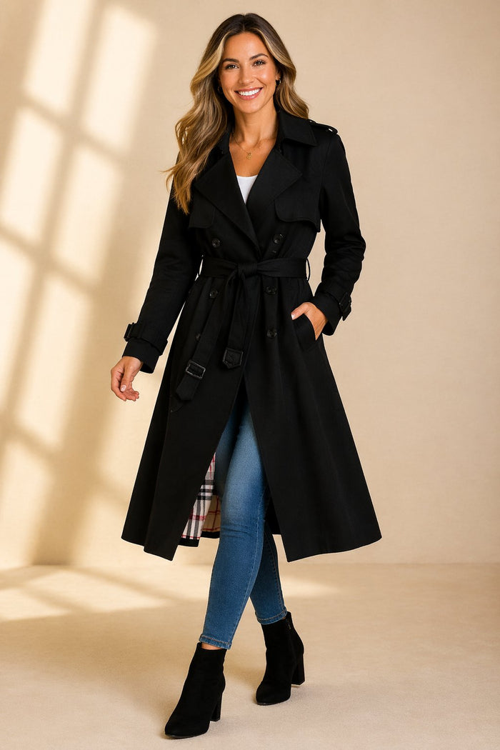 Dam Lång Dubbelknäppt Trenchcoat med Bältesliv