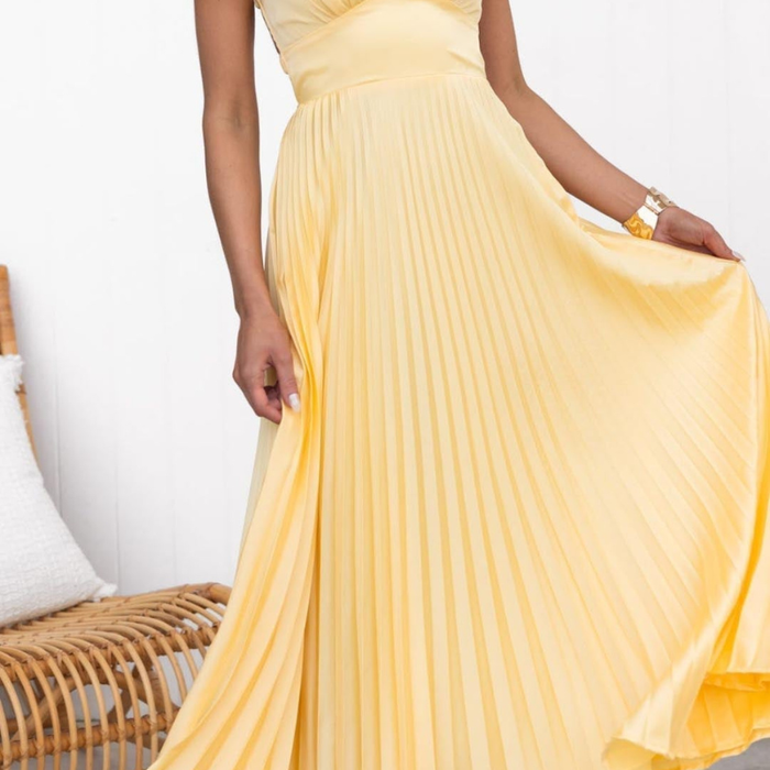 Klänning Maxi | Elegant Plisserad Maxiklänning | V-ringning | Klänning