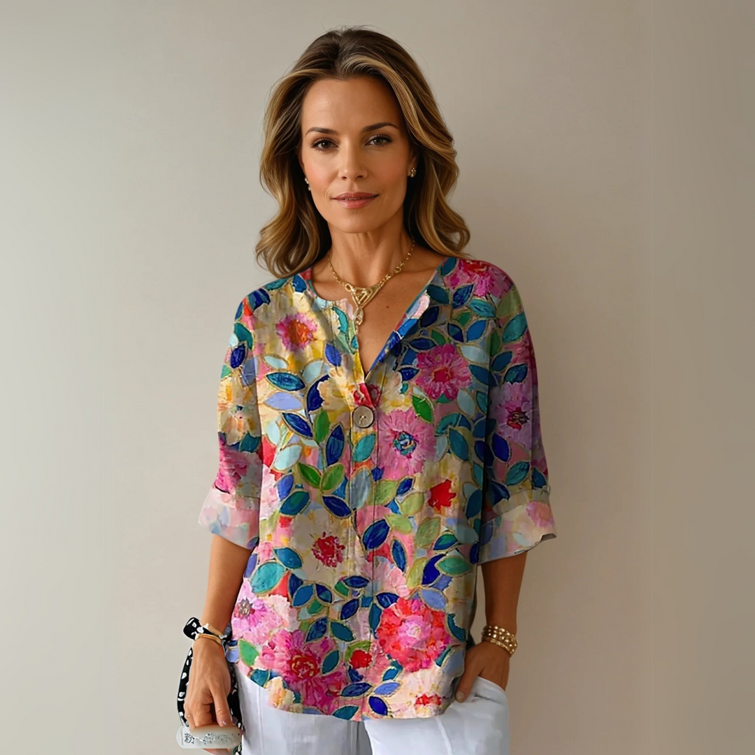 Dam Blus | Elegant Blommönster | Knappstängning