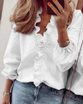 Dam Blus | Trendig Volang | Knappdetalj