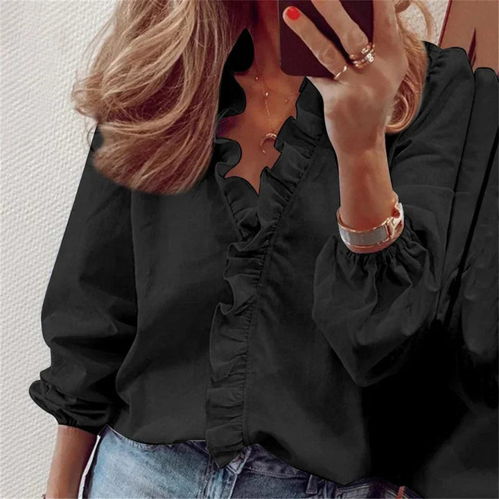 Dam Blus | Trendig Volang | Knappdetalj