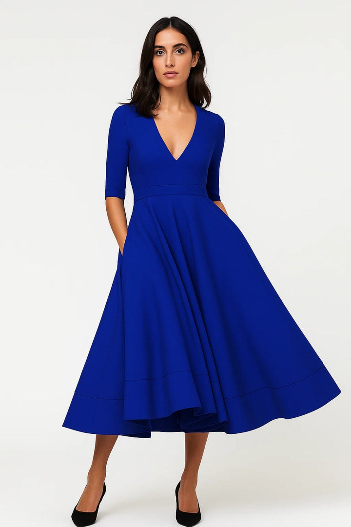 Dam Klänning | Elegant | V-ringad Halvlång Ärmar Midi