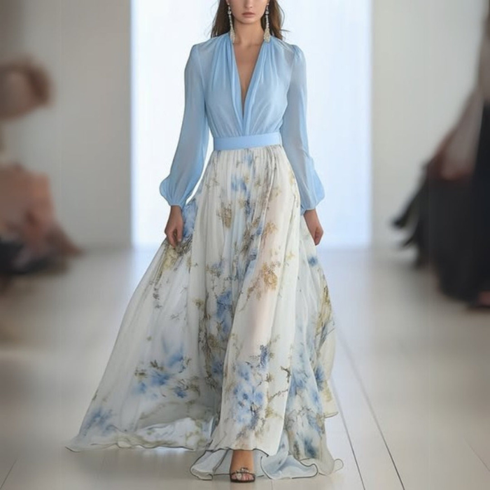 Klänning Maxi | Elegant Blommig Klänning | Djup V-ringning | Lång Ärm