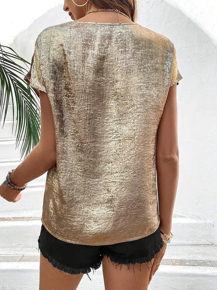 Kvinnors Blus | Elegant V-ringning &amp; Korta Ärm | Guldtryck &amp; Spetsdetaljer | Polyester Topp