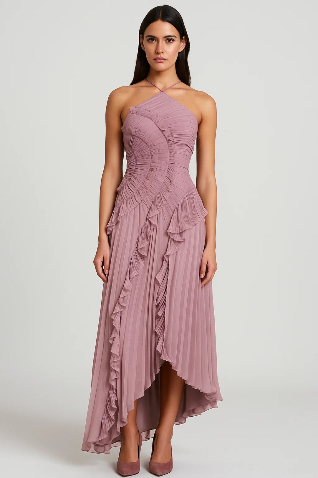 Dam Klänning | Elegant | Halterneck Volanger Midi